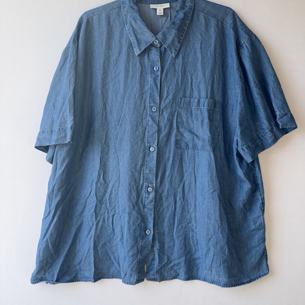 On 34th Women's Denim Look Tshirt Collared Button Up Short‎ Sleeve Blue Top 2XL
